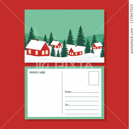 Cozy Winter Landscape Postcard Template Christmas Snow Forest House 133947024