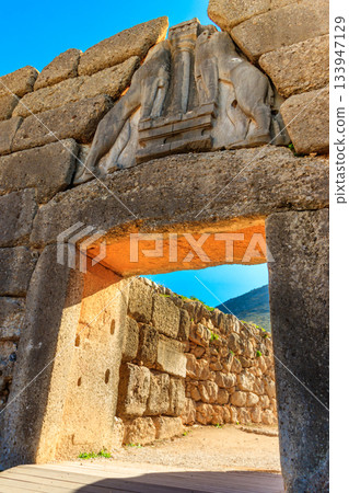 Lion's gate, the main entrance of the citadel of Mycenae. Archaeological site of Mycenae in Peloponnese, Greece Lion's gate, the main entrance of the citadel of Mycenae. Archaeological site of Mycenae in Peloponnese, Greece 133947129