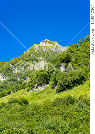 從唐澤營地眺望北穗高岳南脊。攀登北阿爾卑斯山北穗高岳。 從唐澤營地眺望北穗高岳南脊。攀登北阿爾卑斯山北穗高岳。 133947304