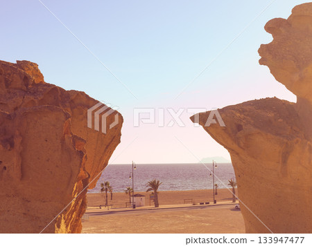 Eroded rock formations in Bolnuevo, Spain Eroded rock formations in Bolnuevo, Spain 133947477