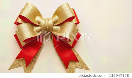 Luxurious Red Glitter Bow Christmas Decoration with Shimmering Satin Ribbons on Neutral Background 133947538