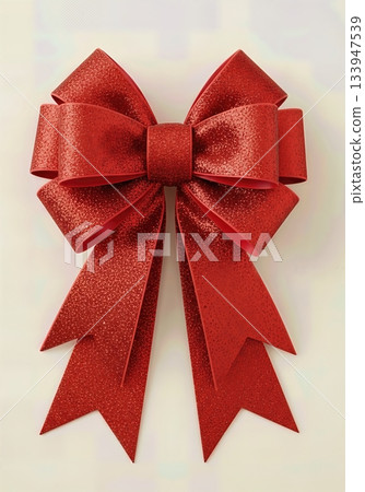 Luxurious Red Glitter Bow Christmas Decoration with Shimmering Satin Ribbons on Neutral Background 133947539