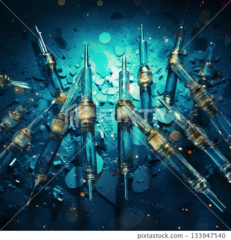 Vintage Glass Syringes on Blue Background Medical History and Pharmaceutical Research Concept Vintage Glass Syringes on Blue Background Medical History and Pharmaceutical Research Concept 133947540