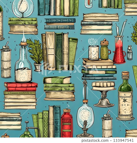 Vintage Books and Alchemical Supplies Pattern on Blue, Ideal for Educational Designs Vintage Books and Alchemical Supplies Pattern on Blue, Ideal for Educational Designs 133947541
