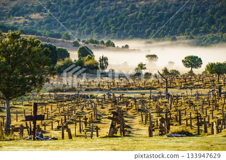Haze in morning over Sad Hill Cemetery in Burgos, Spain Haze in morning over Sad Hill Cemetery in Burgos, Spain 133947629