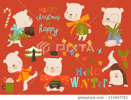 Cute Polar Bears Cute Cartoon Bears with Christmas Elements 133947781