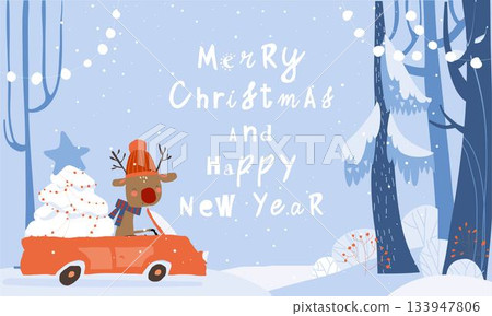 Cute Deer driving Car in Magical Winter Forest 133947806