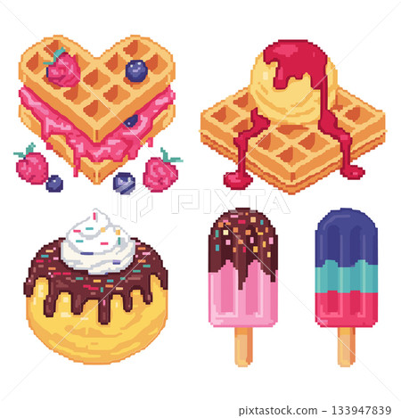Dessert Pixel Art Set Vector. Waffle Ice Cream Donut Sweet Food Illustration Pack Vector 133947839