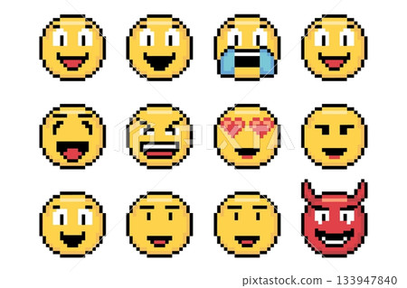 Pixel Emoji Expressions Set Vector. Retro Smiley Faces Illustration Icon Pack Vector 133947840