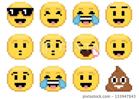 Pixel Emoji Expressions Set Vector. Retro Smiley Faces Illustration Icon Pack Vector 133947843