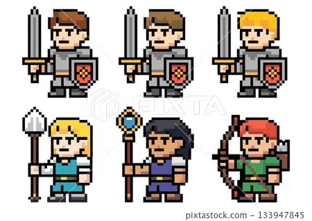 RPG Pixel Characters Set Vector. Warrior Archer Wizard Pixel Art Illustration Pack Vector 133947845