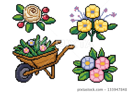 Pixel Garden Flowers Set Vector. Floral Wheelbarrow Pixel Art Illustration Pack Vector 133947848