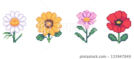 Pixel Flowers Botanical Vector. Cute Floral Pixel Art Illustration Set Vector 133947849