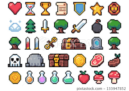 RPG Pixel Items Set Vector. Sword Shield Potion Treasure Pixel Art Illustration Pack Vector 133947852