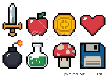 Pixel Game Items Vector. Sword Apple Coin Heart Potion Mushroom Pixel Art Icons Vector Pixel Game Items Vector. Sword Apple Coin Heart Potion Mushroom Pixel Art Icons Vector 133947853
