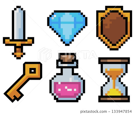 RPG Pixel Icons Vector. Sword Diamond Shield Key Potion Hourglass Pixel Art Set Vector RPG Pixel Icons Vector. Sword Diamond Shield Key Potion Hourglass Pixel Art Set Vector 133947854