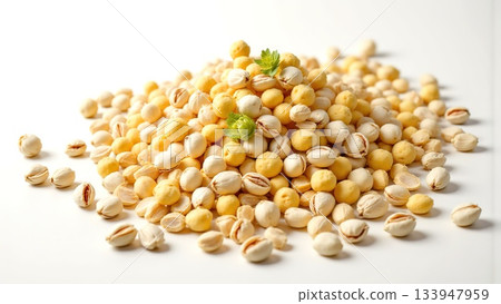 Close-Up View of a Pile of Yellow and White Lentils on White Surface 133947959