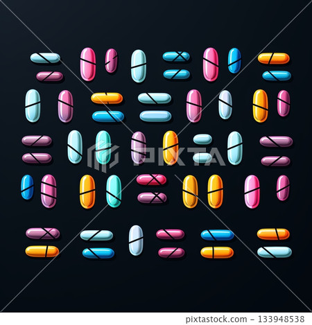 Colorful Pill Pattern on Dark Backdrop Pharmacy, Medication, and Healthcare Concept Art Design Colorful Pill Pattern on Dark Backdrop Pharmacy, Medication, and Healthcare Concept Art Design 133948538