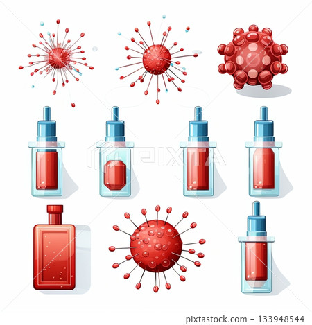 Virus and Vaccine Illustration Scientific Concept with Red Virus and Liquid Bottles 133948544