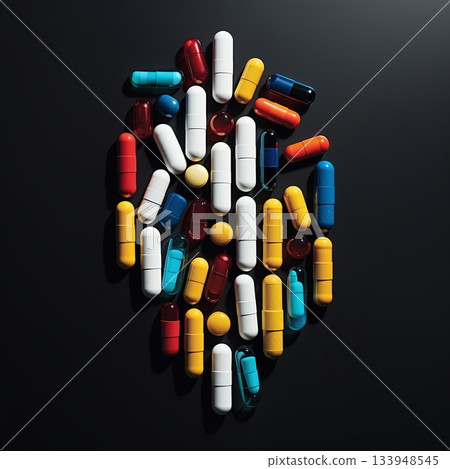Colorful Pills and Capsules Arranged on Dark Background, Medical Treatment Concept. Studio Shot Colorful Pills and Capsules Arranged on Dark Background, Medical Treatment Concept. Studio Shot 133948545