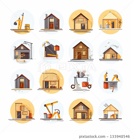 House Construction Stages Icons, Building Process from Start to Finish, Real Estate Project. House Construction Stages Icons, Building Process from Start to Finish, Real Estate Project. 133948546