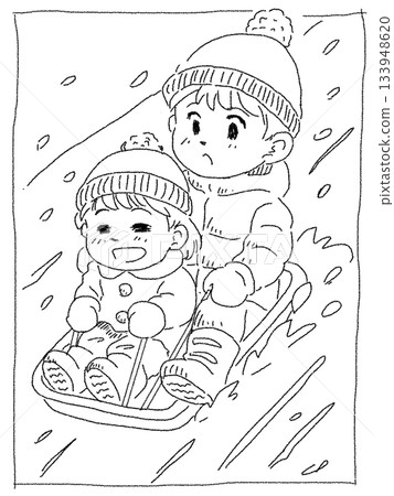 兄妹倆玩雪橇，黑白照片 133948620