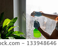 A hand holds a green spray bottle, misting water over lush indoor plants by a sunny window, creating a refreshing and healthy environment for plant care. 133948646