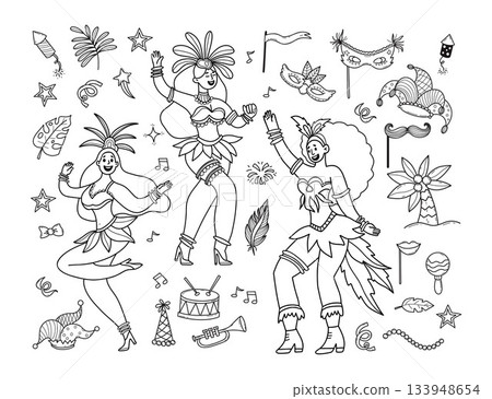 Carnival Women Dancers with Feathers, Masquerade Masks, Musical Instruments and Fireworks. Celebration Festive Party Doodle set. Isolated Outline Hand-drawn scribble. Vector Illustration. Not AI Carnival Women Dancers with Feathers, Masquerade Masks, Musical Instruments and Fireworks. Celebration Festive Party Doodle set. Isolated Outline Hand-drawn scribble. Vector Illustration. Not AI 133948654
