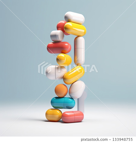 Colorful Pill Stack on Light Blue A Modern Medical Concept for Healthcare Marketing 133948755