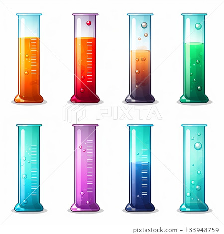 Colorful Chemistry Eight Beakers with Bubbles and Liquid for Scientific Research, Isolated 133948759