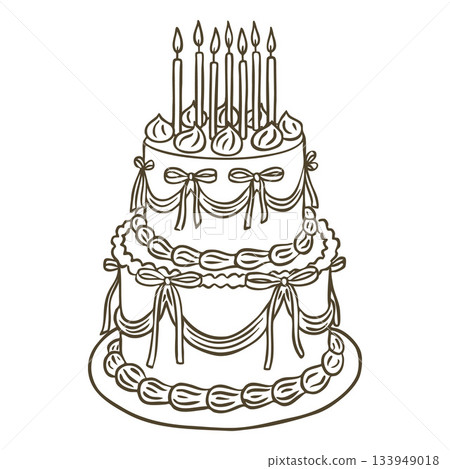 Happy Birthday cake two tier with burning candles, vector doodle celebration festive treat dessert decorated with bows 133949018