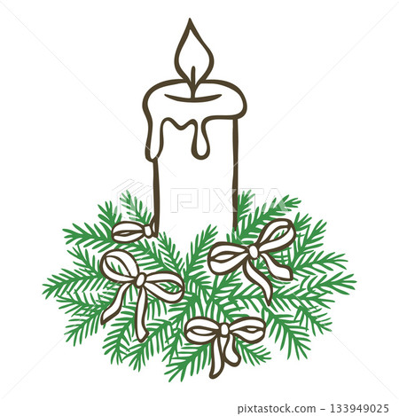 Burning candle decorated fir tree twigs and ribbon bows, vector doodle Happy New Year and Christmas holiday decoration 133949025