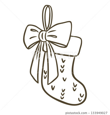 Christmas gift sock decorated with bow vector doodle illustration, Christmas stocking decoration Happy New year line art Christmas gift sock decorated with bow vector doodle illustration, Christmas stocking decoration Happy New year line art 133949027