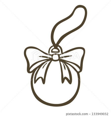 Round ball with a bow, hanging Christmas tree ornament, outline doodle style. Round ball with a bow, hanging Christmas tree ornament, outline doodle style. 133949032