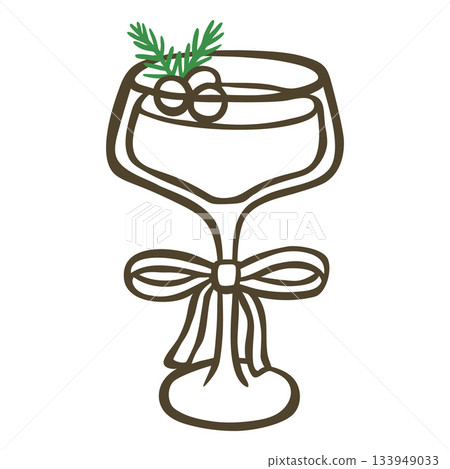 Glass of champagne decorated with bow and fir twigs, Christmas and New year celebration drink, doodle alcohol beverage Glass of champagne decorated with bow and fir twigs, Christmas and New year celebration drink, doodle alcohol beverage 133949033