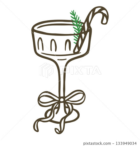 A festive cocktail glass with a tall stem, a bow, a candy cane, and a spruce branch, doodle style. 133949034