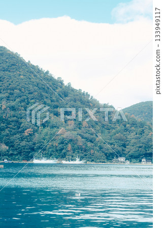 A quiet fishing port scene in a mountain town. Fishing boats lined up on the calm water and local townscape. 133949117