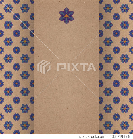 Decorative kraft paper background with vertical borders of blue floral motifs and a single stylized flower at the top, creating a vintage textured layout suitable for invitations and greeting cards 133949156