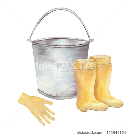 Set of watercolor illustrations of gardening tools: metal bucket, yellow rubber boots, and protective gloves, isolated on a white background for gardening and cleaning themes Set of watercolor illustrations of gardening tools: metal bucket, yellow rubber boots, and protective gloves, isolated on a white background for gardening and cleaning themes 133949164