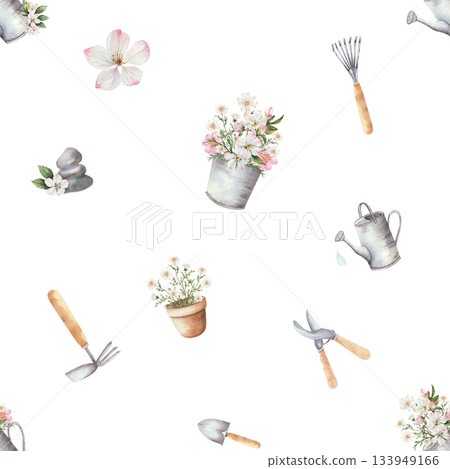 Watercolor seamless pattern with rustic garden tools, blooming flower. Botanical design featuring pot, trowel, and watering can. Hand drawn background for gardening and farmhouse. Isolated on white Watercolor seamless pattern with rustic garden tools, blooming flower. Botanical design featuring pot, trowel, and watering can. Hand drawn background for gardening and farmhouse. Isolated on white 133949166