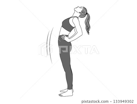 一幅描繪女性伸展的插圖，她雙手叉腰，背部拱起，身體側向，單色。 133949302