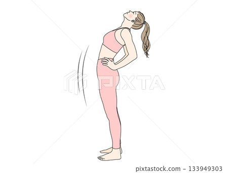 Stretching Illustration of a woman stretching her back with her hands on her hips, whole body sideways 133949303