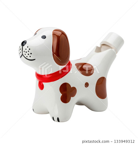 Ceramic dog whistle toy with brown spots and red collar standing as musical instrument 133949312