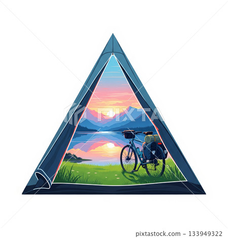 View from tent showing bicycle on grass near lake with mountains and sunset background 133949322