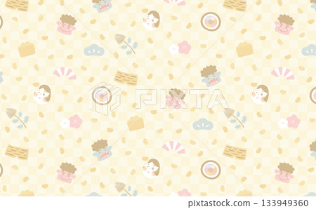 可愛的黃色格子圖案背景素材，日式風格，適合節分。 133949360