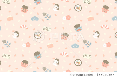 色彩鮮豔、可愛活潑的節分圖案，無縫背景素材，帶有日式現代圖案 133949367