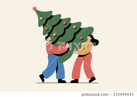 Happy couple carrying fully decorated christmas tree together, joyful vector illustration of holiday teamwork and festive family tradition Happy couple carrying fully decorated christmas tree together, joyful vector illustration of holiday teamwork and festive family tradition 133949545