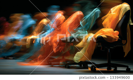 Office chair fun festival with colorful ribbons racing down the hall 133949600