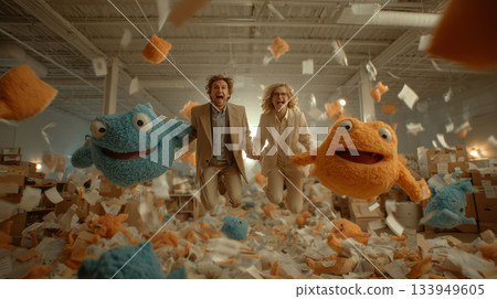 Adults joyfully tossing colorful plush toys in a lively open space Adults joyfully tossing colorful plush toys in a lively open space 133949605