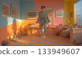 Adult in tailored grey suit performs jump rope in colorful room 133949607